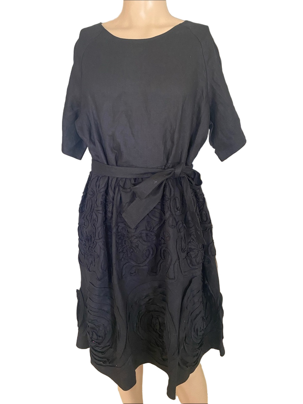 Samuel Dong Black Embroidered Midi Dress with Self-Tie Belt